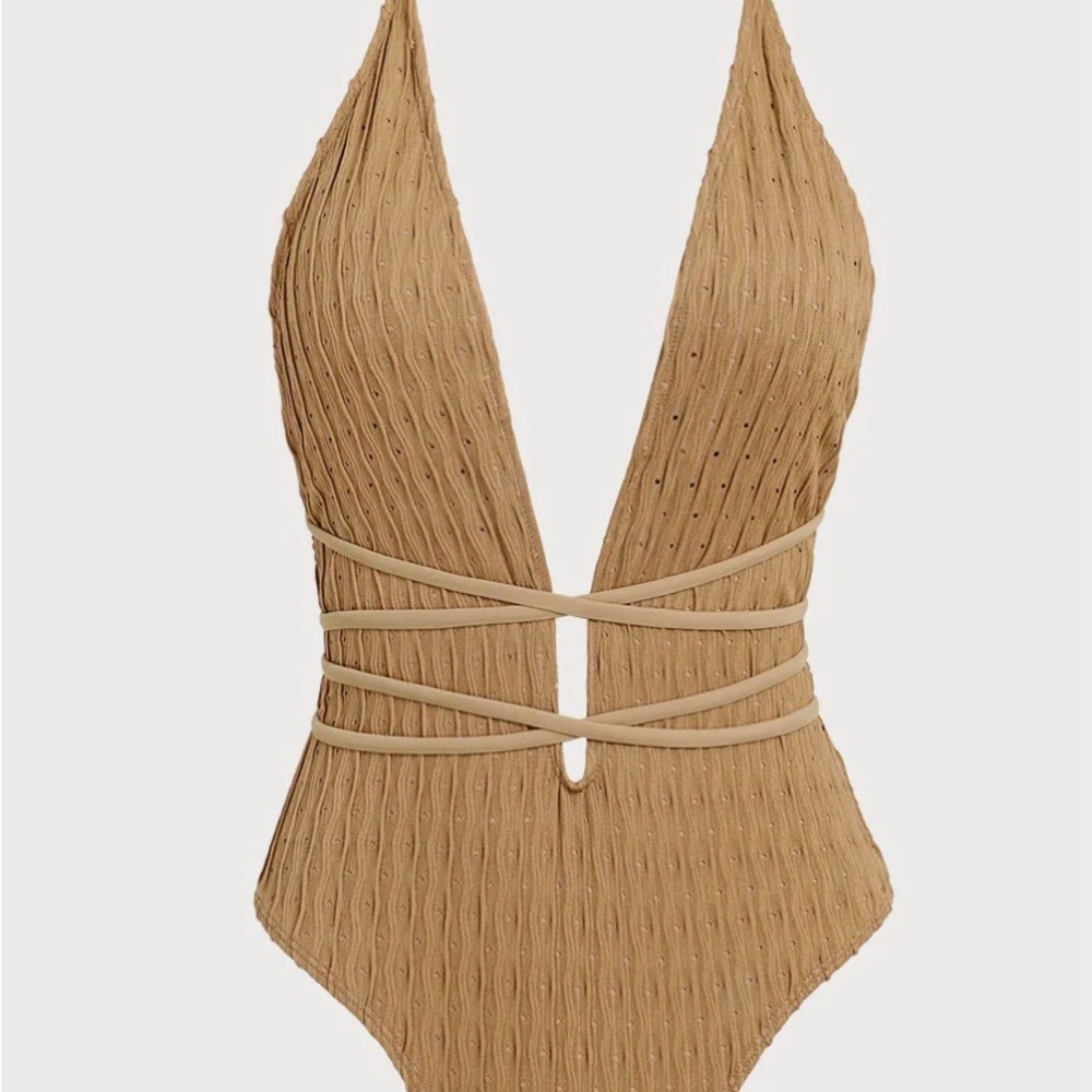 Samiol Brown Deep V One-Piece Swimsuit